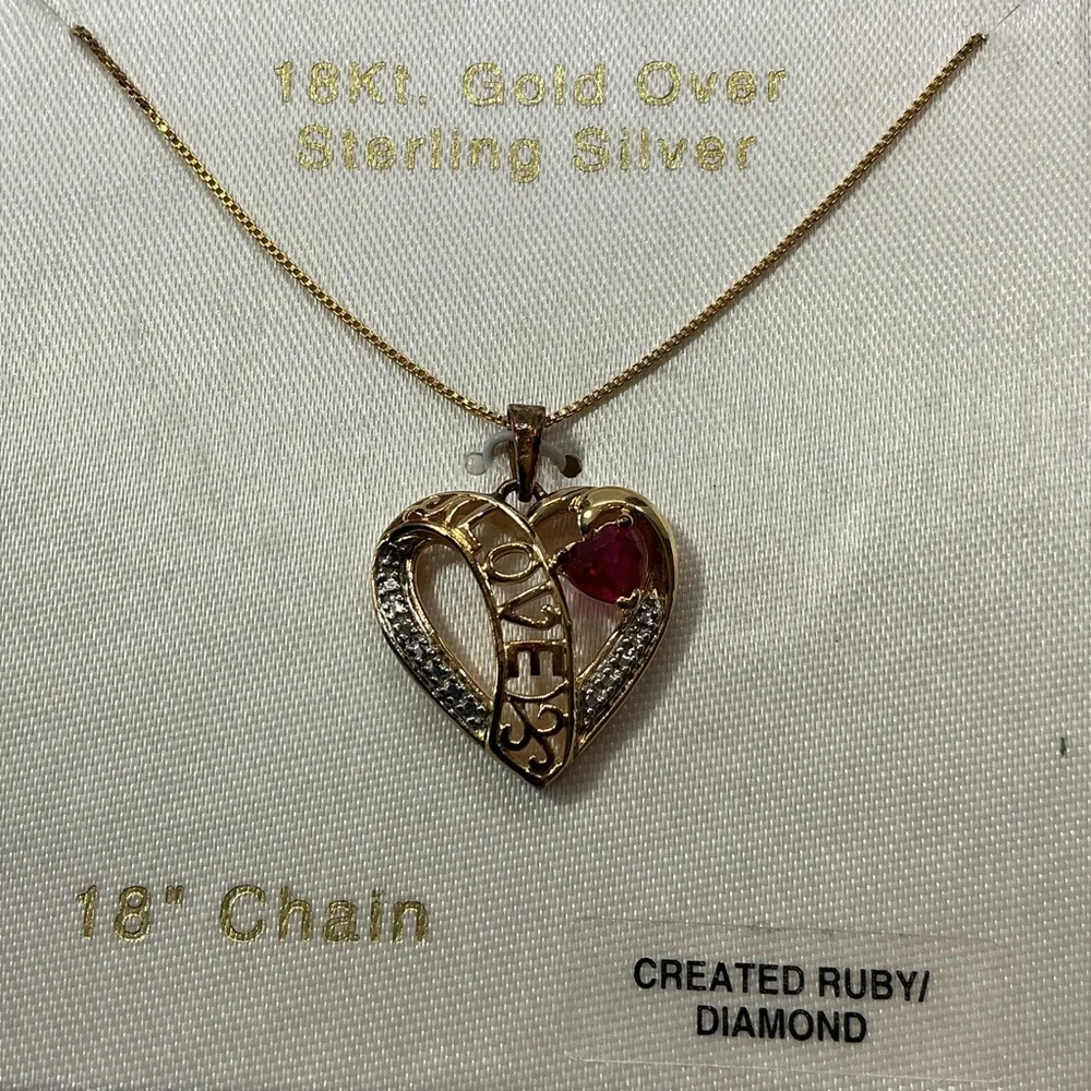 VTG LOVE Heart Pendant Necklace 18k Over Sterling Created Ruby Diamond Accent
